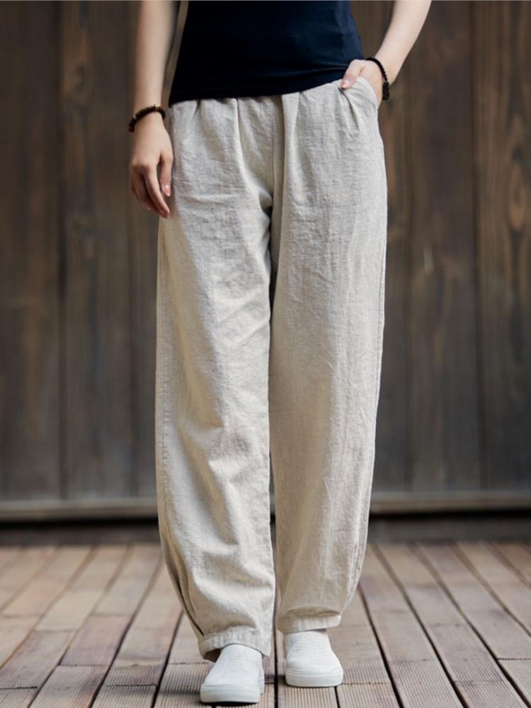 Damen Leinen Gestreifte Hose Einfarbig Elastischer Bund Frühling Hose 2024 Neue Freizeitkleidung Damen Lässige Lange Hose