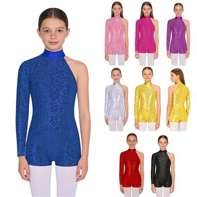 Kids Girls Single Long Sleeve Shorty Jumpsuit Shiny Sequins Skating Jazz Dance Leotards