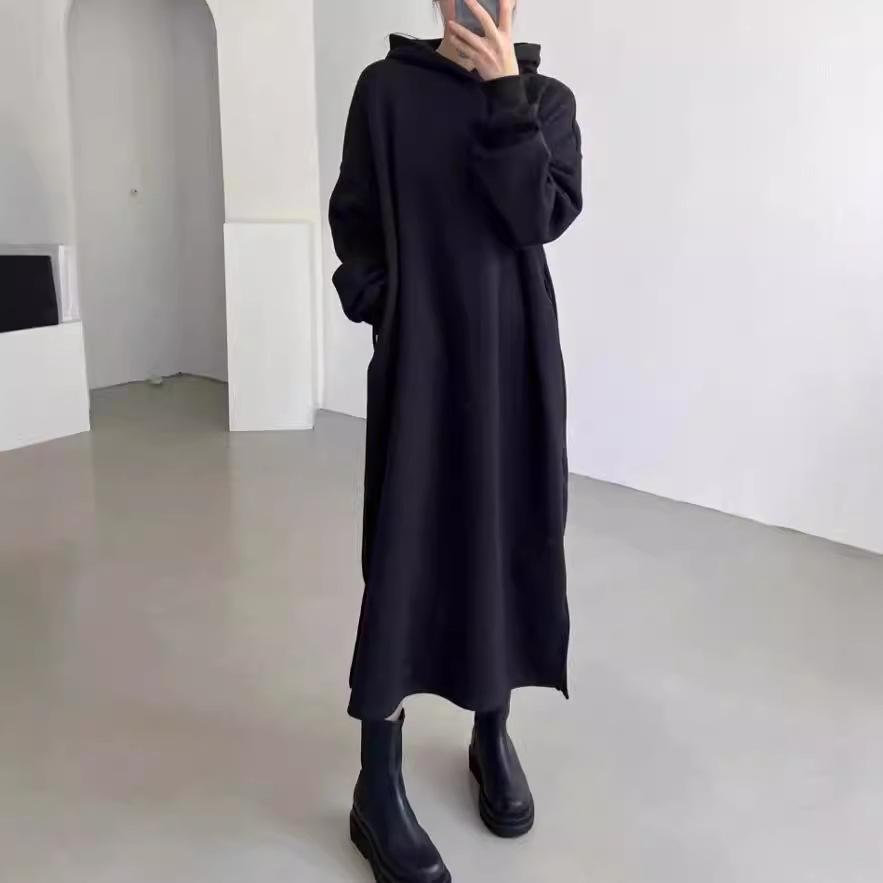 Chic Korean Hooded Sweatshirt Dress - Solid Color, Simple, Loose Fit, Long, Casual for Women (Spring/Autumn/Winter 2025)