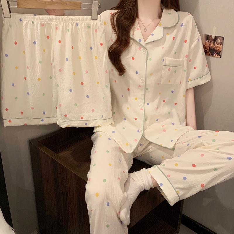 Cream Wind Color Polka Dots Spring And Summer Pajamas Women'S Short-Sleeved Three-Piece Set Simple Loungewear Cloud Cotton Set