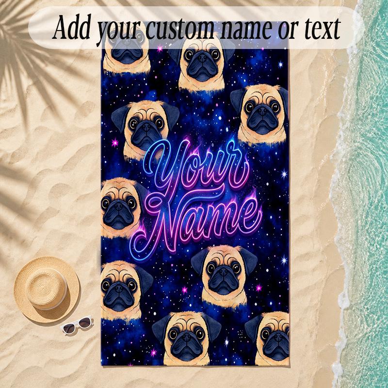 Pug Theme Soft Beach Towel Personalized Custom Name Text Towel Portable for Beach Pool Travel