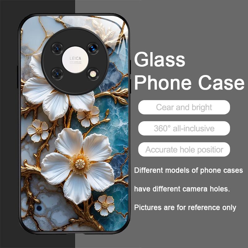 White Camellia Flower Marble Texture Tempered Glass Phone Case for Huawei Honor 400 200 100 90 80 Magic 7 Pro 6 5 Lite X9 Cover
