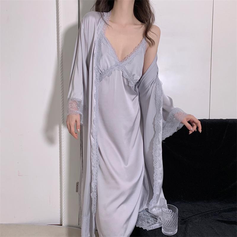 Damski Seksowny Dwuczęściowy Zestaw Nocny z Jedwabiu Lodowego z Wkładką na Biust i Długi Szlafrok na Cienkich Ramiączkach
