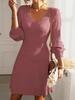 Elegant French V-neck A-line Textured Autumn Dress - Women's Long Sleeve Solid Color