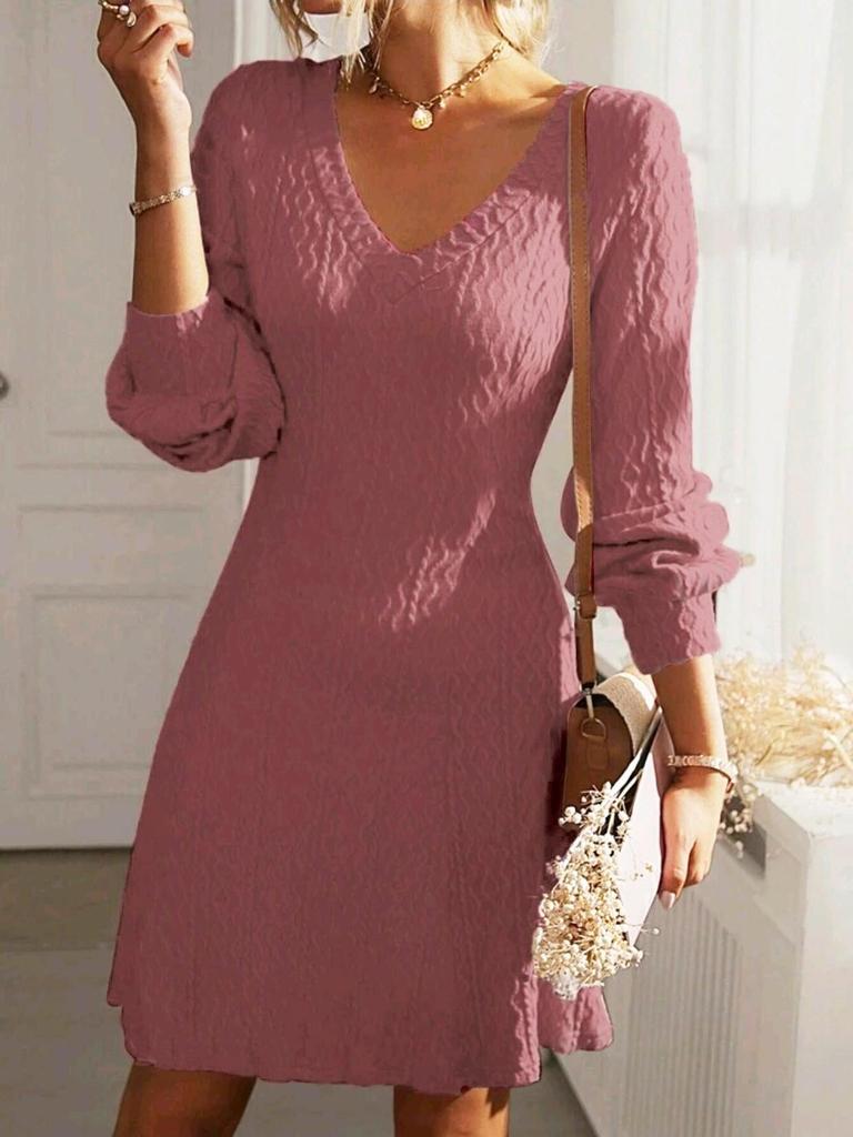 Elegant French V-neck A-line Textured Autumn Dress - Women's Long Sleeve Solid Color