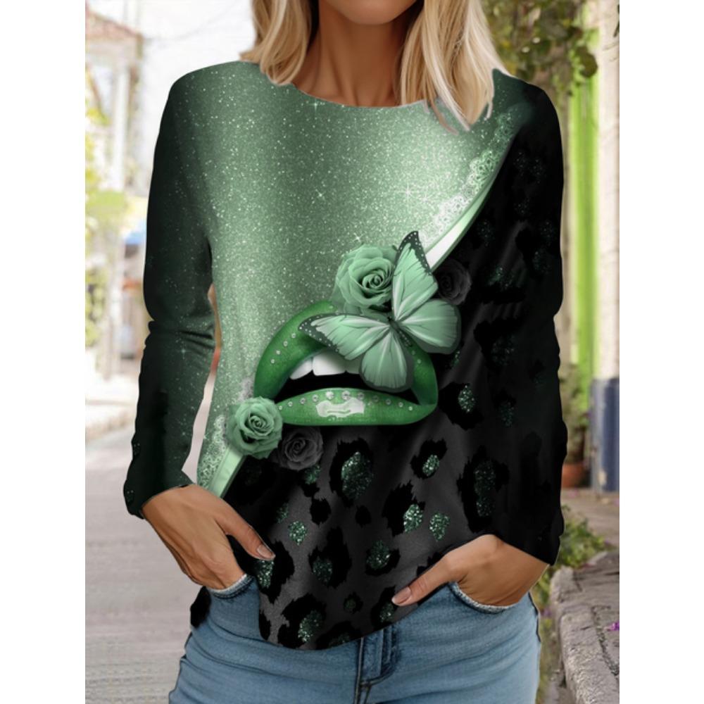 Świąteczny damski okrągły dekolt długi rękaw róża retro nadruk długi rękaw nadruk 3d świąteczny pulower długi rękaw wiosna i jesień