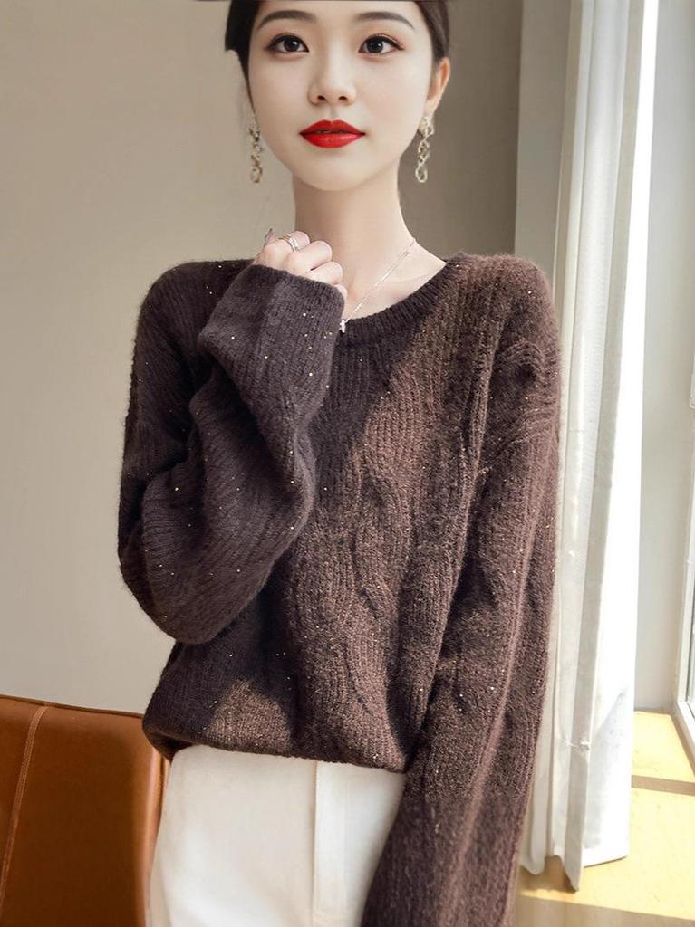 Women's Round Neck Chunky Knit Cashmere Sweater with Sequins, Long Sleeve Fashionable Top for Autumn & Winter