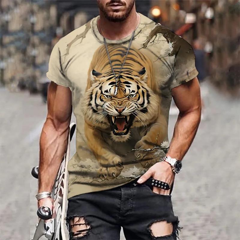Men's 3D Tiger Pattern Short Sleeved Round Neck T-shirt, Breathable and Stylish, Suitable for Outdoor
