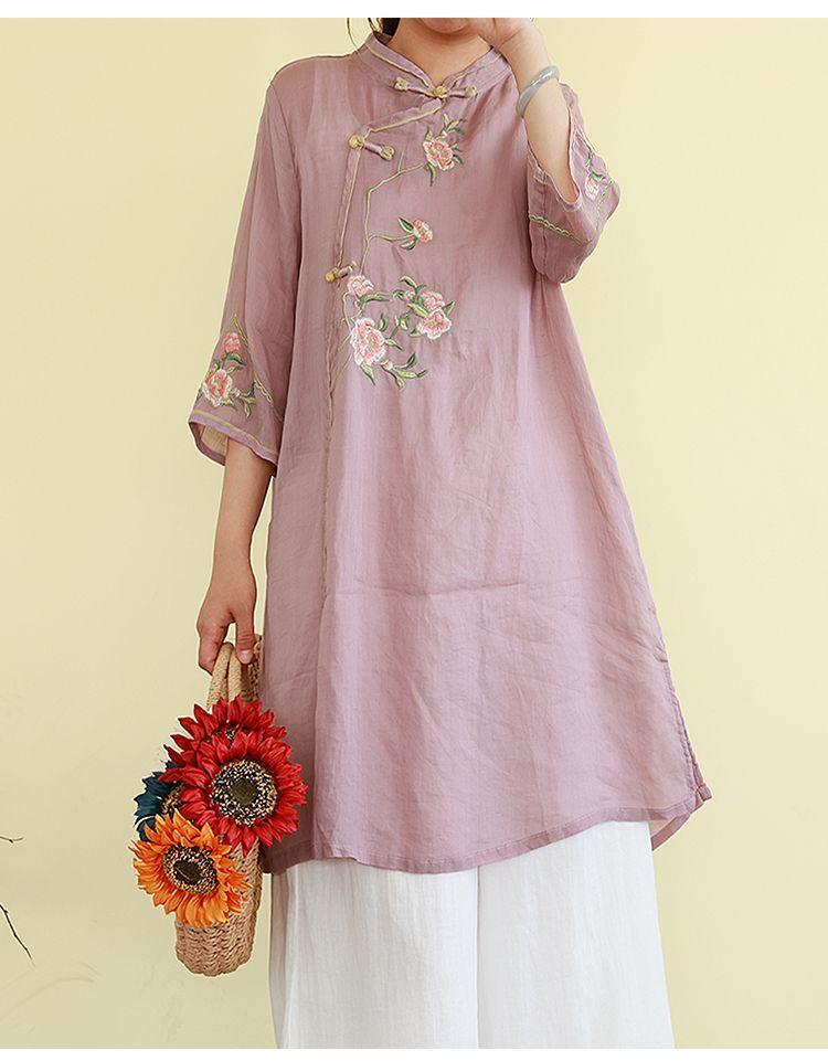 Zen-style Frog Button Retro Shirt Spring/summer Mid-length Embroidered Ethnic Style Three-quarter Sleeve Stand Collar Top for Women