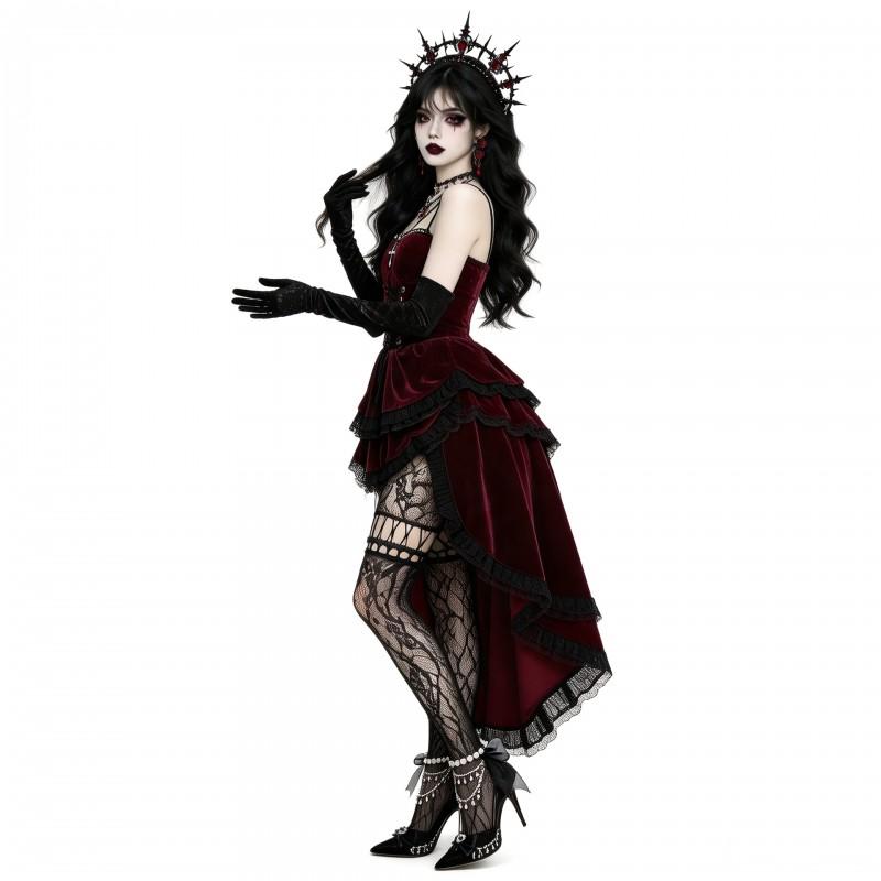 Gothic Vampire Costume Dress Wine Red Velvet Corseted Maxi Skirt Dark Queen Cosplay Outfit Halloween Party