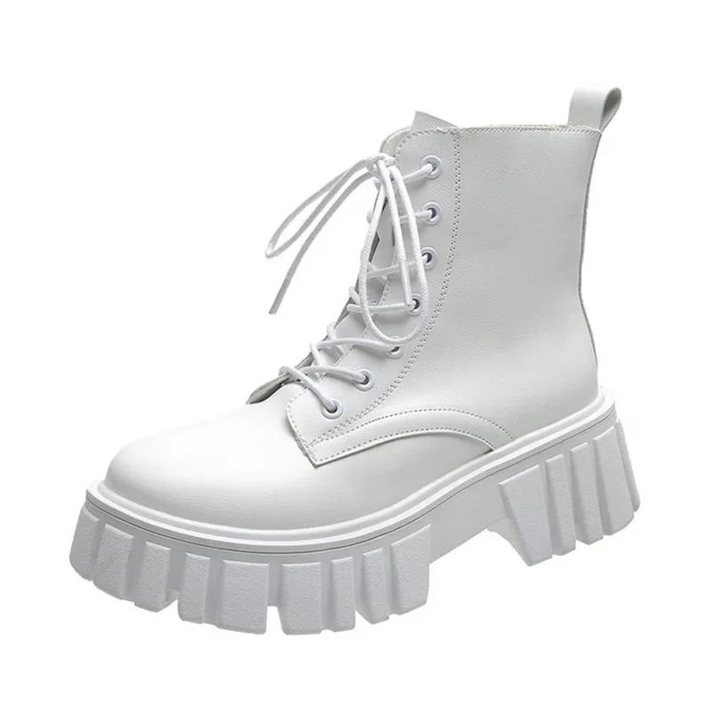 Fashion Rimocy 2025 New Women White Ankle Boots PU Leather Thick Sole Lace Up Combat Booties Female Autumn Winter Platform Shoes Woman