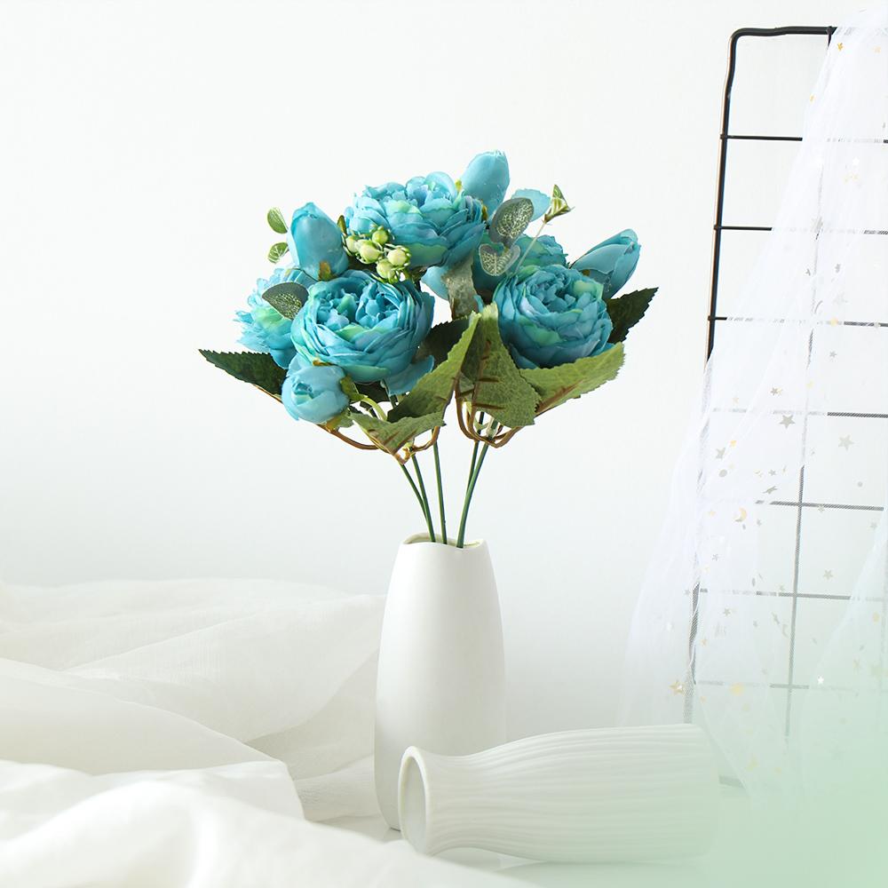 9 Head Vase Wedding Home Ornament Silk Peony Artificial Flowers Party Decoration Rose Bouquet