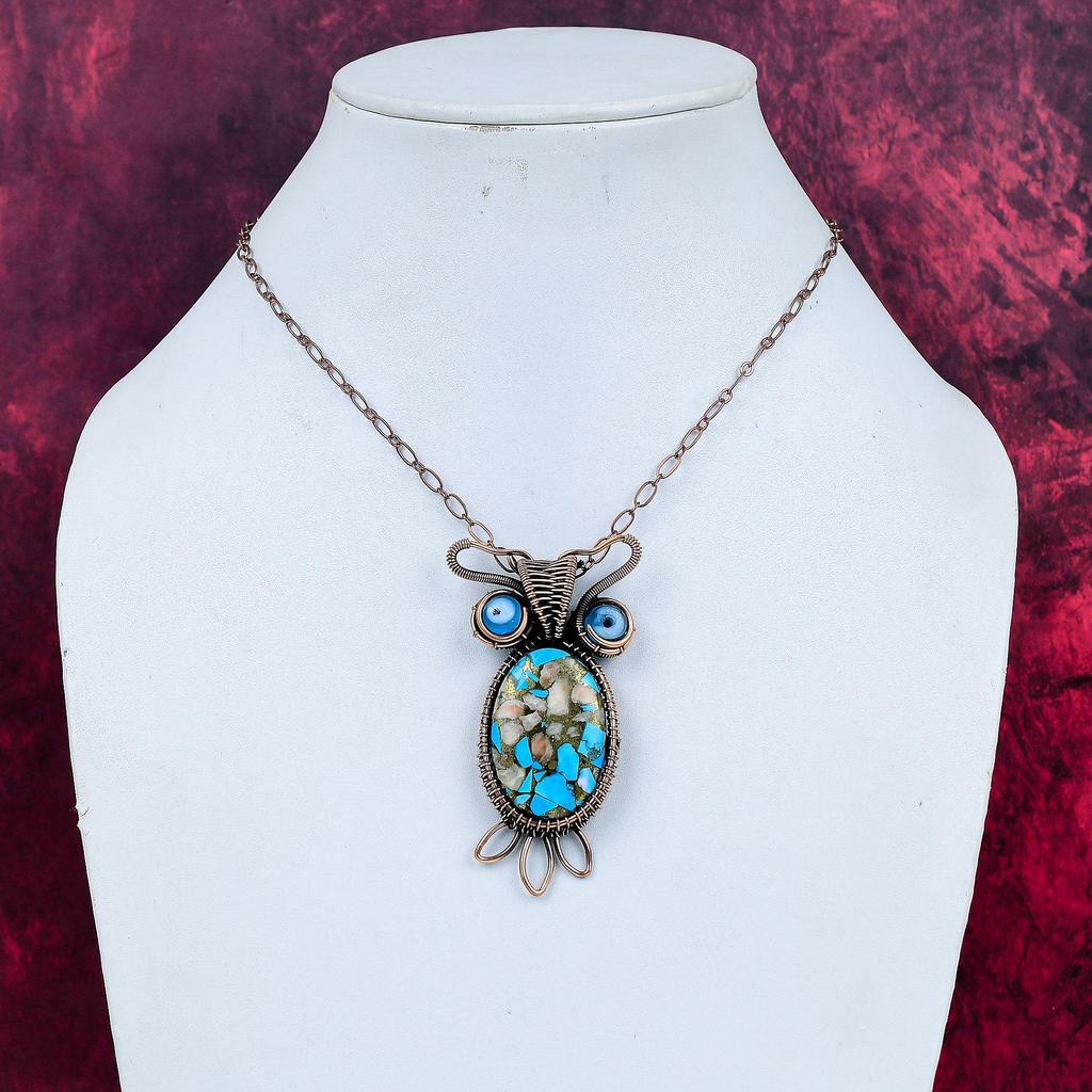 Pink Opal Copper Turquoise Pendant Blue Evil Eye Pendant Copper Wire Wrapped Owl Jewelry