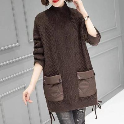 Dimana Winter Sweaters Oversize Women Patchwork Wadded Coat Pullover Knitting Plaid Turtleneck Fake Two-Piece Loose Sweater