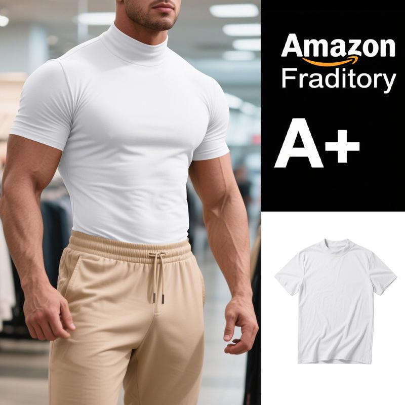 Summer New Men's Casual Semi-High Neck Slim Solid Color T-shirt - European & American Fashion.