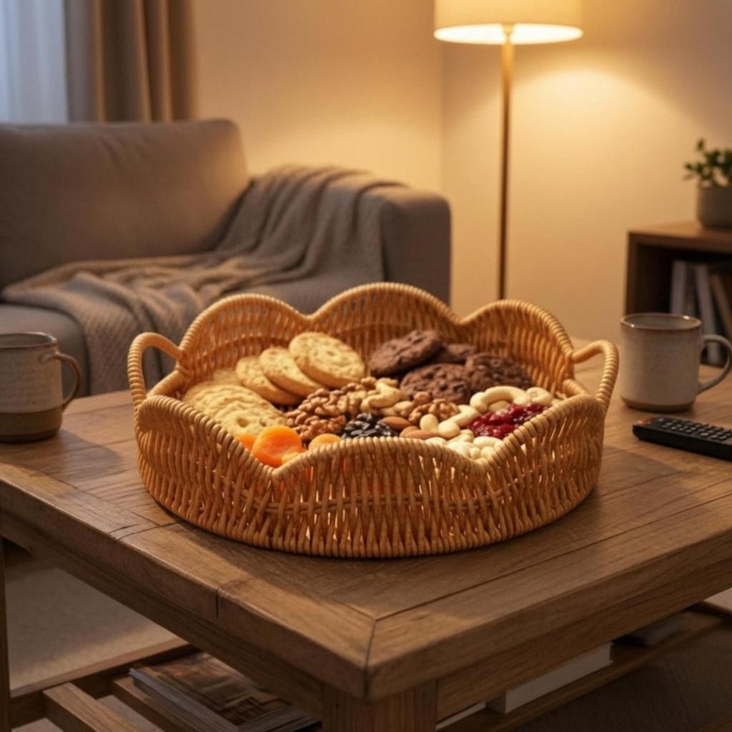 Lightweight Round Serving Tray | Woven with Handles, Decorative, Wicker