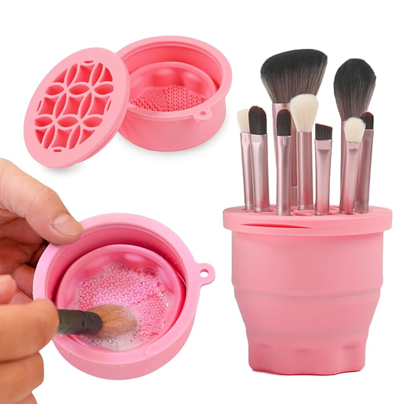 Makeup Brushes Cleaner Mat with Brush Storage Holder, Folding Portable Washing Tool for Makeup Brush Cleaning, 2 In 1 Silicone Brush Cleaner Pad &