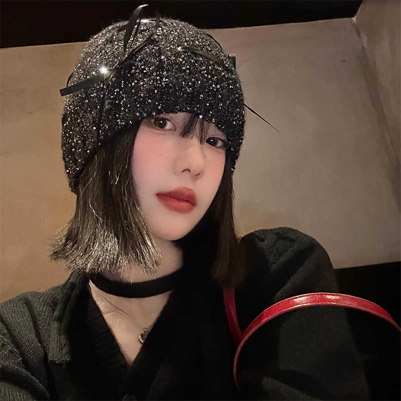 Korean New Hat for Women with Autumn and Winter Bows Bag Head Hat Big Head Circumference  Small Cold Hat Versatile Sequins Pile Hat