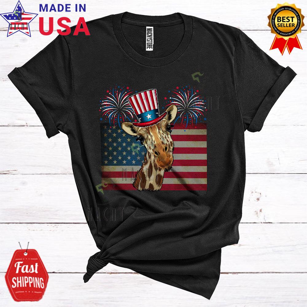 Giraffe With Vintage American Flag Funny 4th Of July Fireworks Wild Animal Shirt