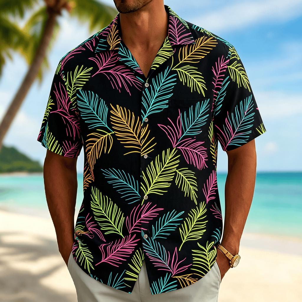 Men's Palm Leaf Print Short Sleeve Shirt, Casual Hawaiian Button Down Top for Men, Tropical Beach Style for Spring & Summer