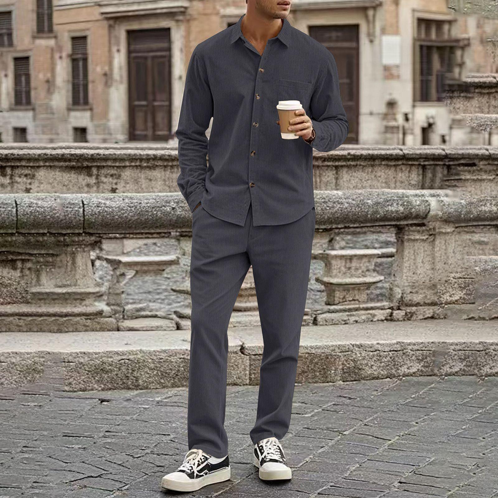 

Мужской осенний комплект из 2 предметов: рубашка с длинным рукавом и брюками в полоску с длинными рукавами XL