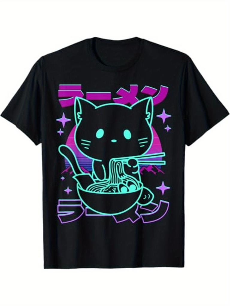 Anime Ramen Cat Retro Noodles Aesthetic Kawaii Cat T-Shirt for Men Women, Unsex Short Sleeve, Casual Wear, Autumn Season
