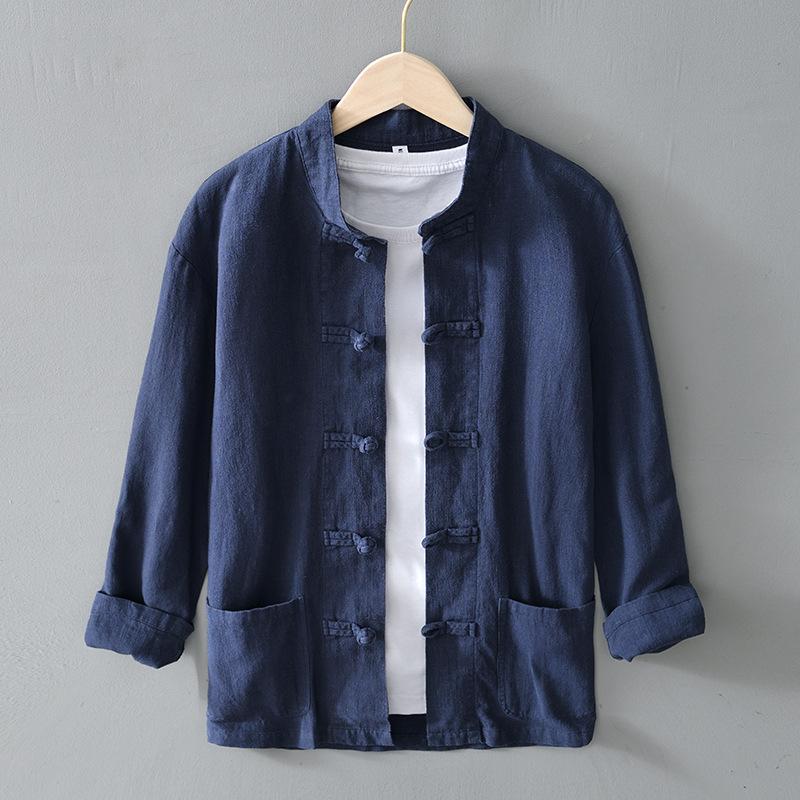 Chinese Style Disc Button Ramie Shirt Long-sleeved Cotton and Linen Men's Middle-aged Casual Loose Breathable Stand-up Collar Retro Linen Shirt