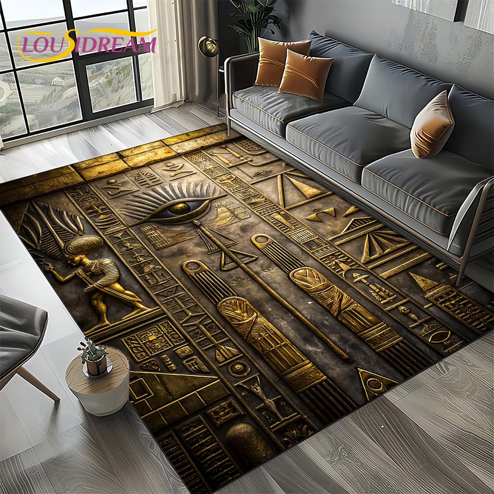 2025 Antikes Ägypten Hieroglyphen Mythologie Wandmalerei Teppich für Wohnzimmer Schlafzimmer Sofadekoration,Rutschfeste Bodenmatte