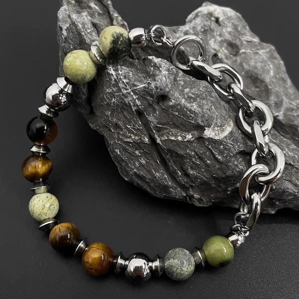 Unisex Retro Chinesisches Hip-Hop Armband aus Stein & Titanstahl - Nicht verblassend, Trendy, Vielseitiges Accessoire