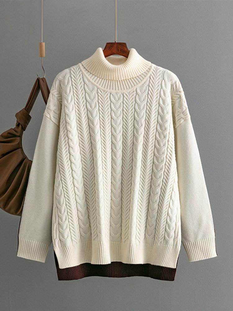 

Осенний шик, свитер с косами для женщин, свободный, с длинными рукавами, с высоким воротником, винтажный, однотонный, женский вязаный пуловер, модные женские джемперы One Size абрикосовый