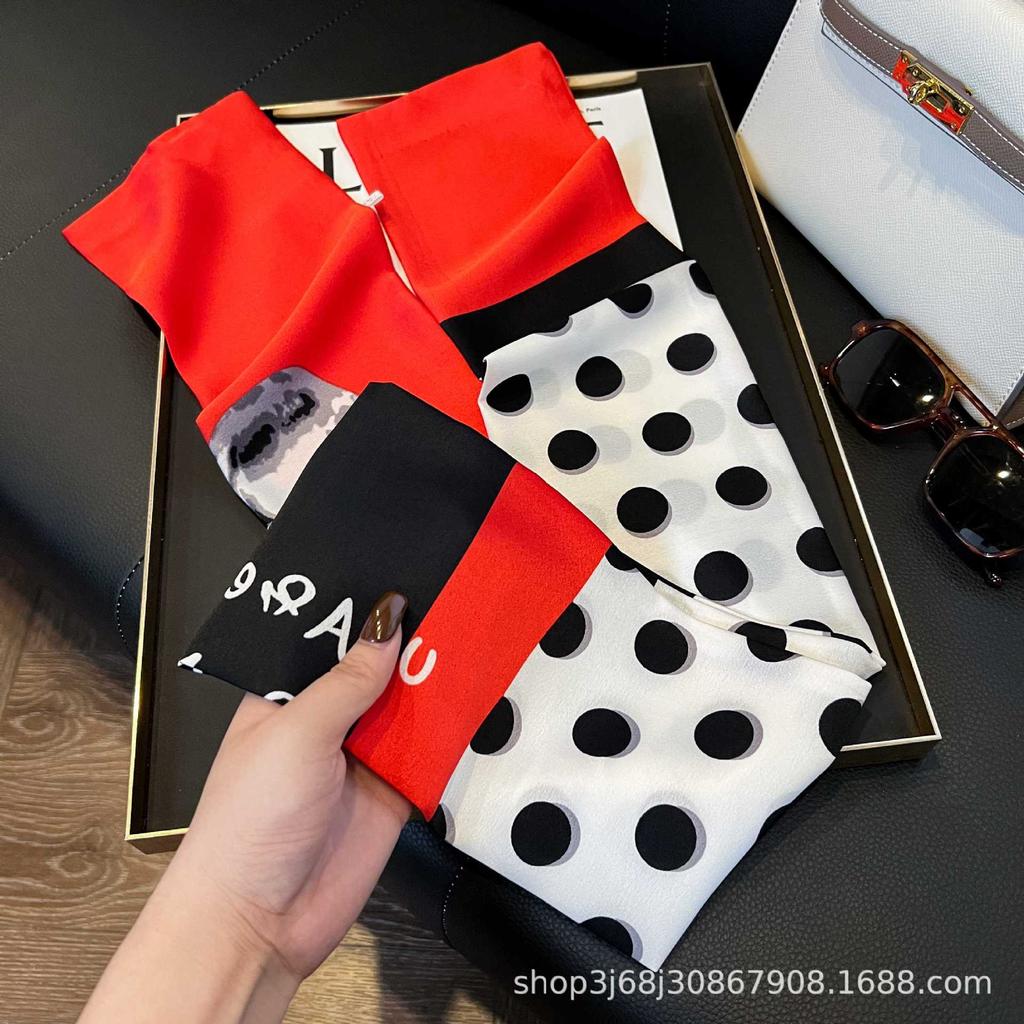Long Silk Scarf Women's New Small Silk Scarf Printing Simulation Silk Tied Bag Streamer Explosion Sweet Little Scarf