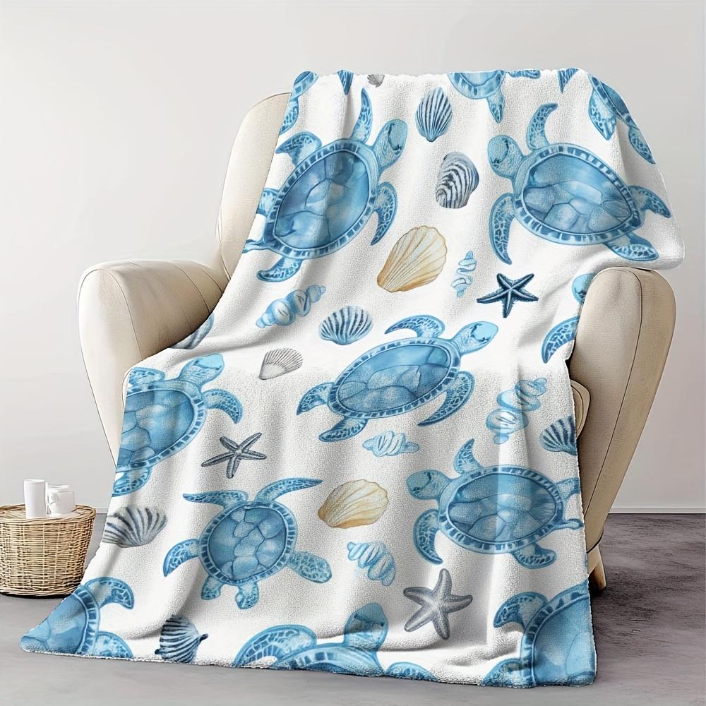 1Pc Coastal Watercolor Sea Turtle & Seashell Print Soft Fleece Blanket Beach Themed Home Decor Throw Blanket