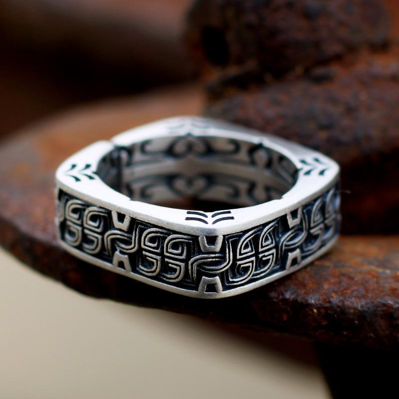 Taiyin Fangyuan Pangu Ring for Men, Trendy Retro, High End, Open Mouth Dominance Ring, High Quality Handmade Silver Jewelry
