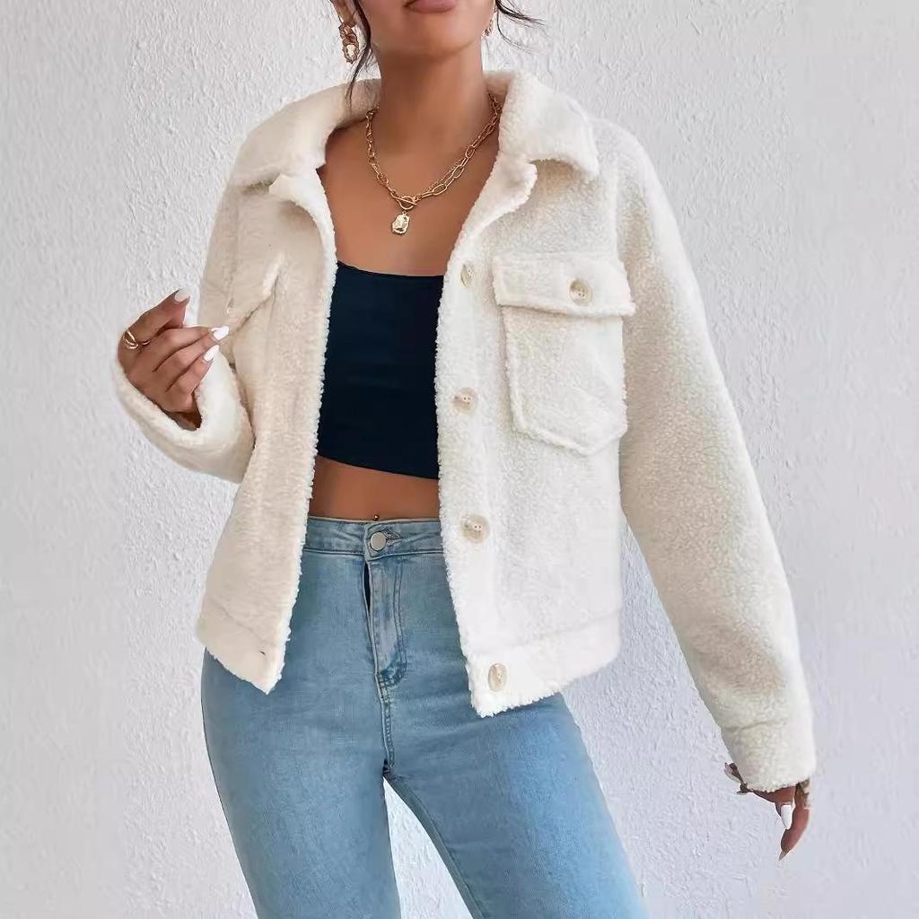 Women's Short Plush White Wool Coat - Winter Design