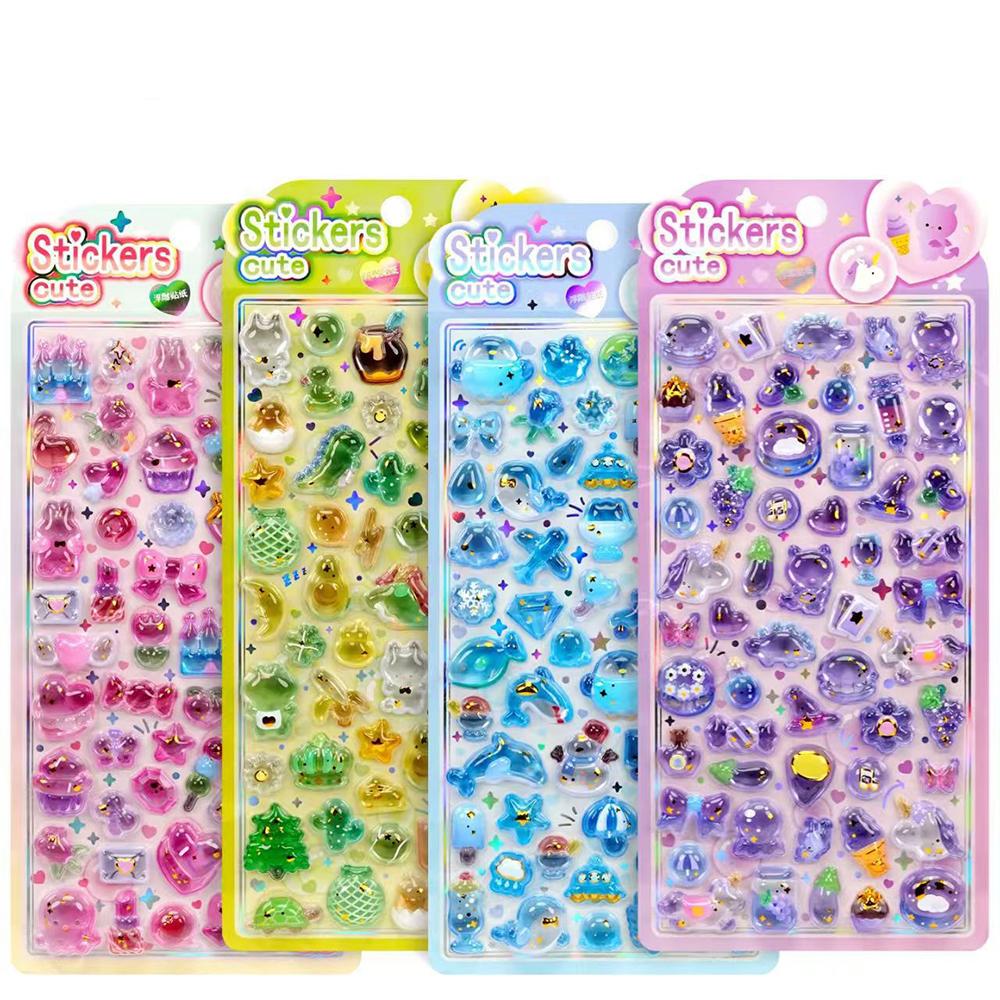 1/4pcs 4 Colors Cute Animal Embossed Gemstone Sticker with Gold Sequin for Scrapbooking Kawaii Aesthetic Material Craft Supplies