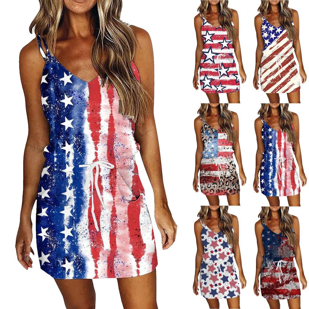 Women's Summer Sexy V-neck  Sleeveless Independence Day Printed Strapless Dress Beach Sun  Dress