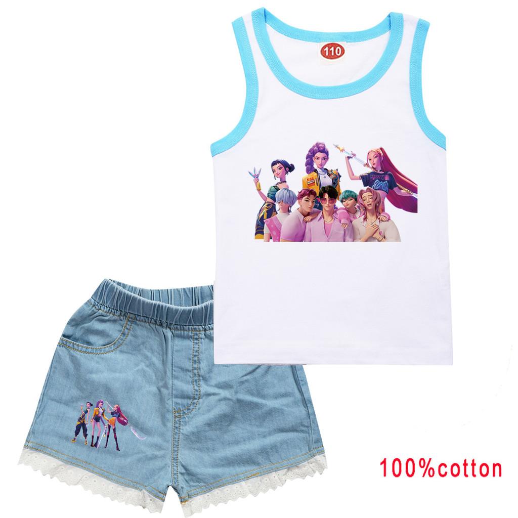 Kids Girls Anime Cartoon K-Pop Printed Cotton Sleeveless Tank Top Jeans Shorts Clothes Set