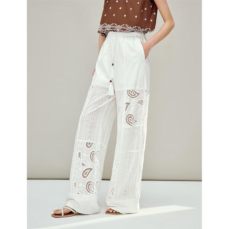 INMAN Resort Style White Embroidered Wide-Leg Pants
