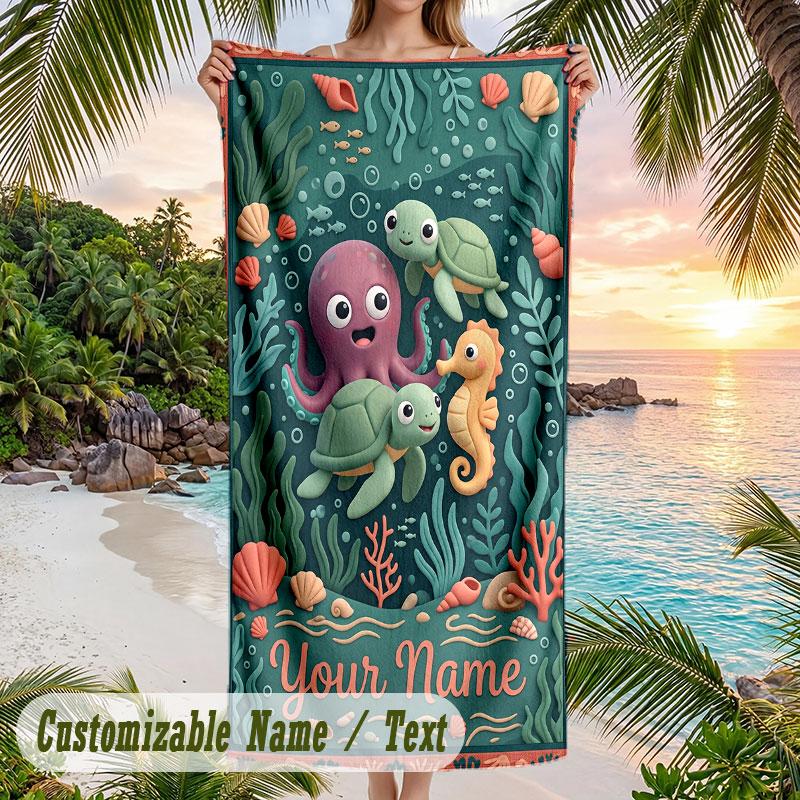 Underwater Friends Adventure Theme Quick Dry Beach Towel Custom Name Text Print Large Sand Resistant Towel Beach Vacation
