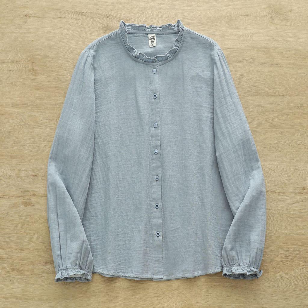 Japanese Style Women's Long Sleeve Lace Collar Shirt: Double Layer Cotton Gauze Loose Blouse