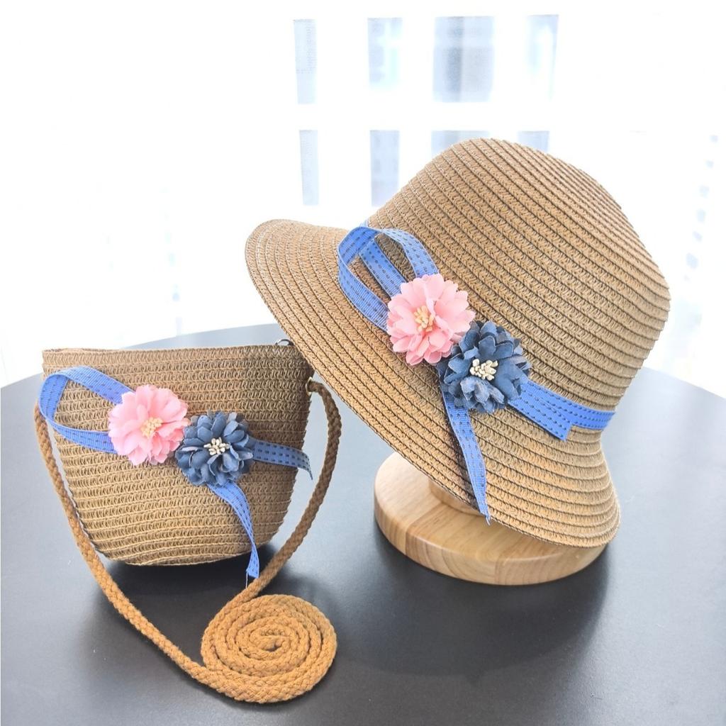 Girls 2Pcs Straw Hat Solid Color Outdoor Travel Sun Hat Floral Fisherman Style Children'S Fashion Accessory For Girls