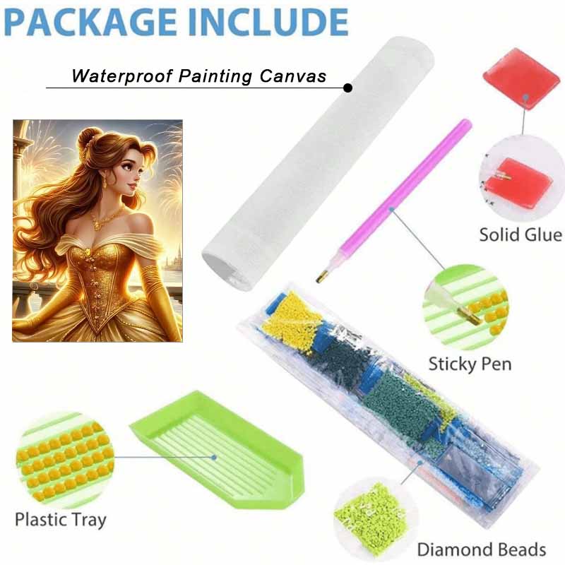 Disney diamond painting 5D round diamond full of diamonds diy handmade stickers, home decoration paintings with Belle golden dress and fireworks.