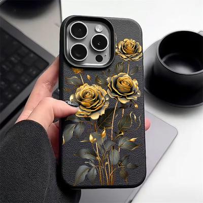 Złoty Wzór Kwiatowy Tekstura Skóry Etui na Telefon dla iPhone 16 Pro 15 14 13 12 Pro Max Wstrząsoodporny Matowy Smukły Jednolity Kolor Tpu Miękki Pokrowiec Antyupadkowy