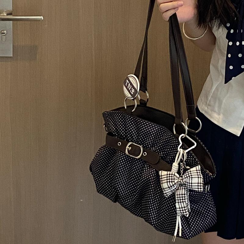 Korean Style Polka Dot Shoulder Bag For Women Large Capacity Pleated Hobo Bag With Bow Decor Casual Daily Commute Soft Tote Bag