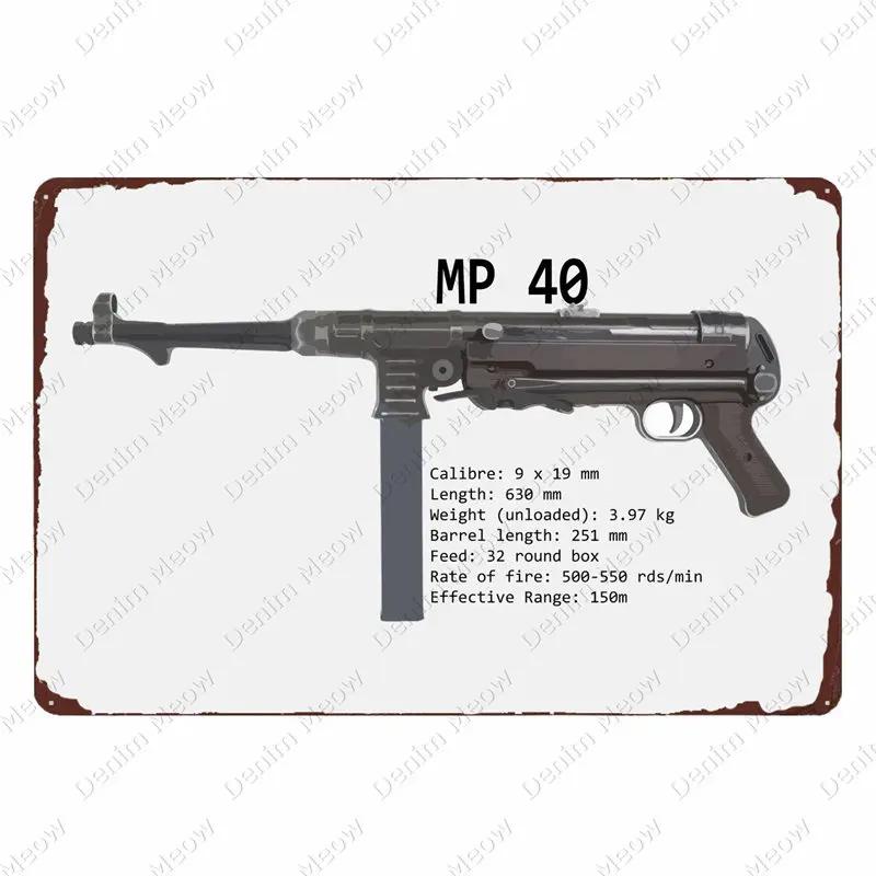 Plaque Métallique Vintage Uzi - Plaque Étain Pistolet Fusil, Décoration pour Fans Militaires Bar Club Café Pièce, Peinture Art Mural