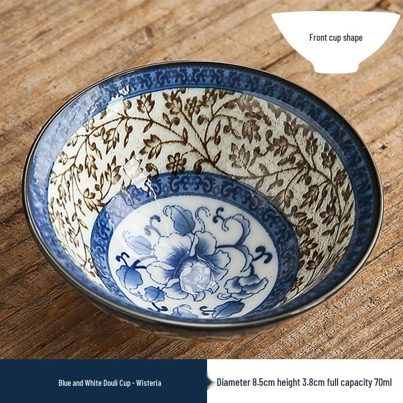 Two-Color Blue & White Porcelain Douli Teacup - Ceramic Kung Fu Master Cup, Japanese Tasting Bowl, Single Tea Cup.