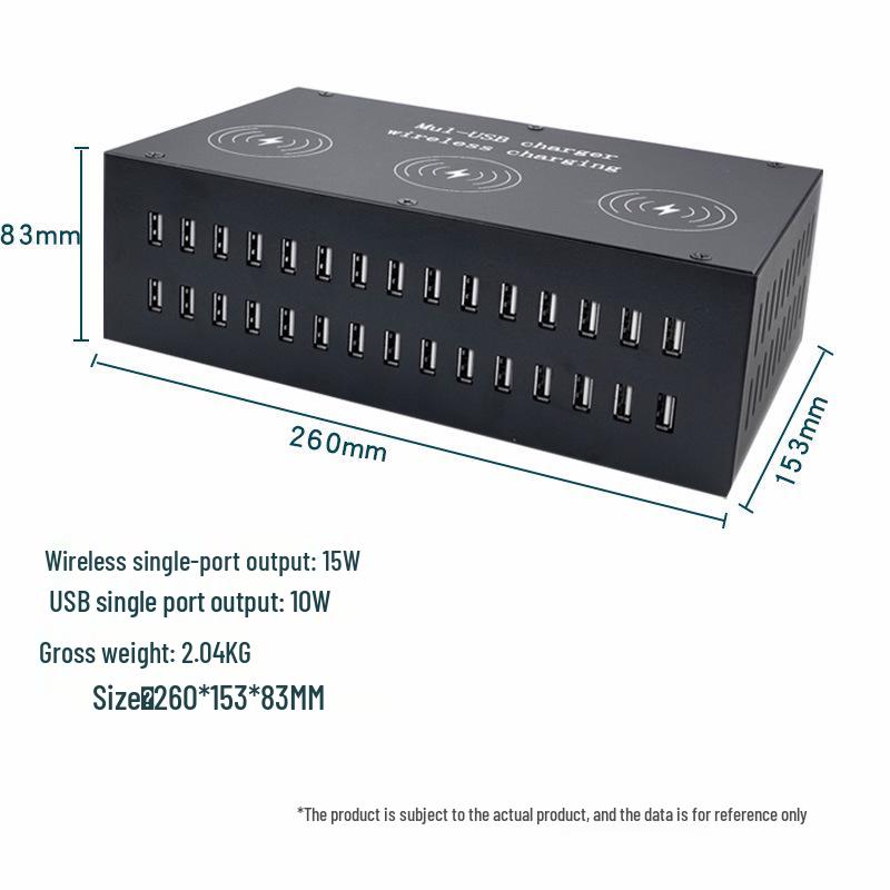 High-Power Multi-Port USB Charging Station with 15W Wireless and 30-Port Capability