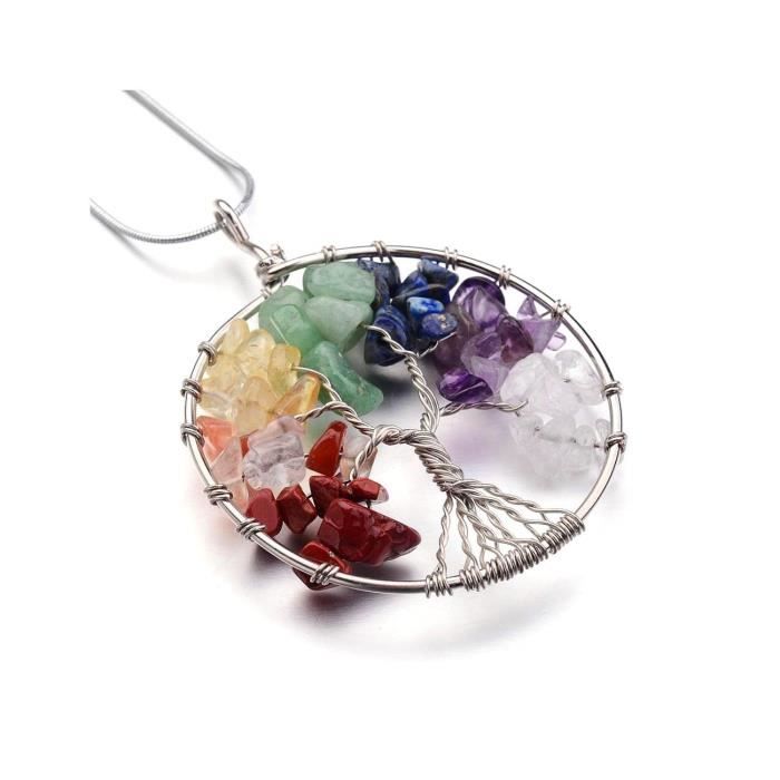 Collier - Arbre de vie - 7 Chakras - Métal hypoallergénique - Longueur 42cm - Pendentif 60x50mm
