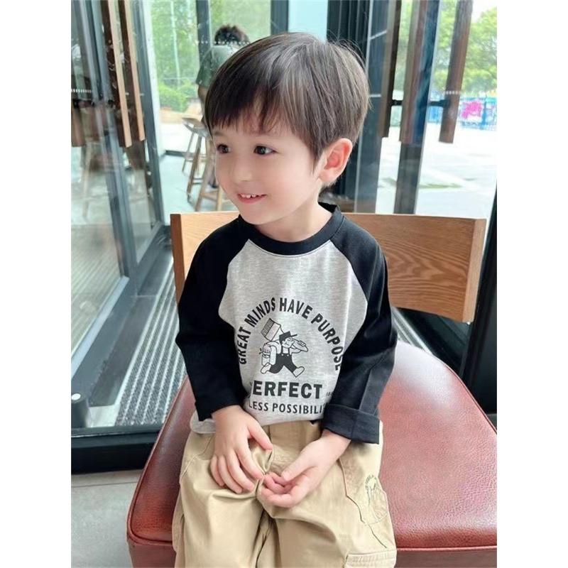 Pure Cotton Color Block Kids Long Sleeve Crew Neck T Shirt For Boys And Girls
