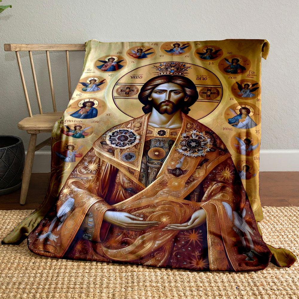Gold Intricate Robes Adorned with Celestial and Angelic Motifs. for All Seasons Blanket Lunch Break Throw Gift